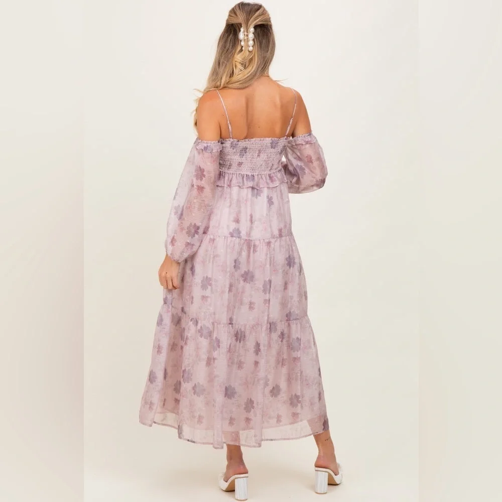Storia Light Pink Floral Off Shoulder Long Sleeve Tiered Maxi Dress Medium girly - Picture 5 of 14